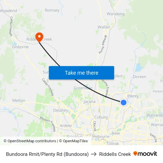 Bundoora Rmit/Plenty Rd to Riddells Creek map