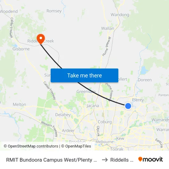 RMIT Bundoora Campus West/Plenty Rd to Riddells Creek map