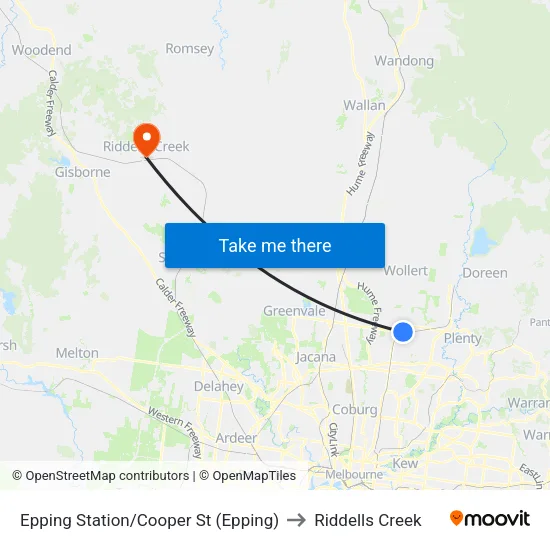 Epping Station/Cooper St to Riddells Creek map
