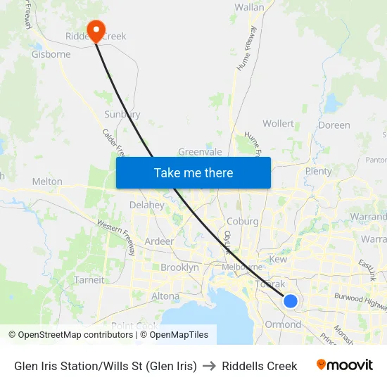 Glen Iris Station/Wills St to Riddells Creek map
