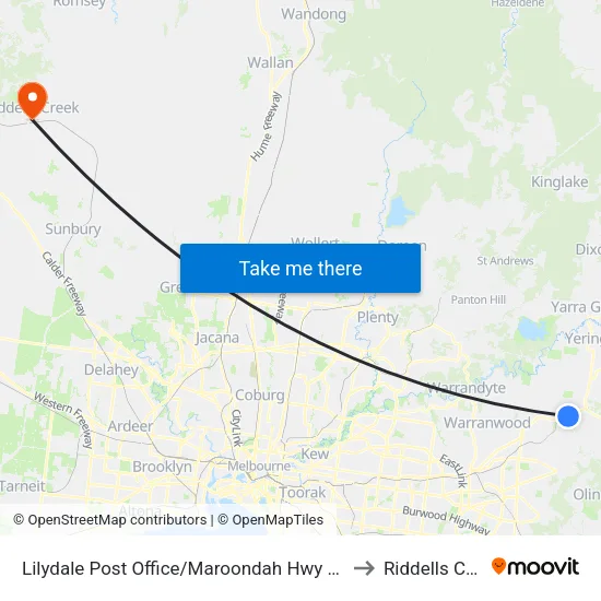 Lilydale Post Office/Maroondah Hwy to Riddells Creek map