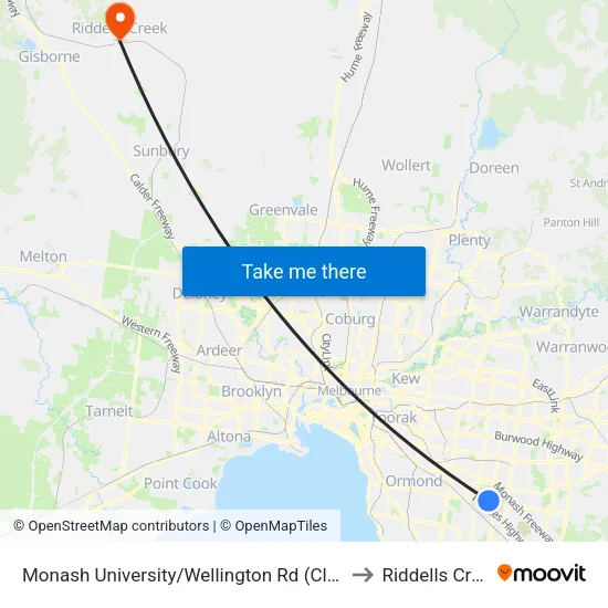 Monash University/Wellington Rd to Riddells Creek map