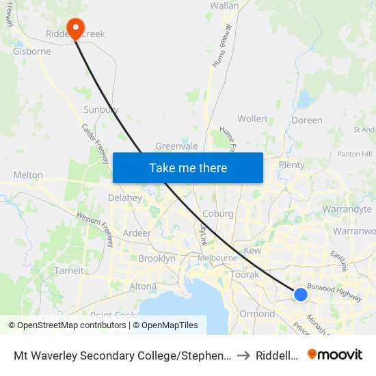 Mt Waverley Secondary College/Stephensons Rd (Mount Waverley) to Riddells Creek map