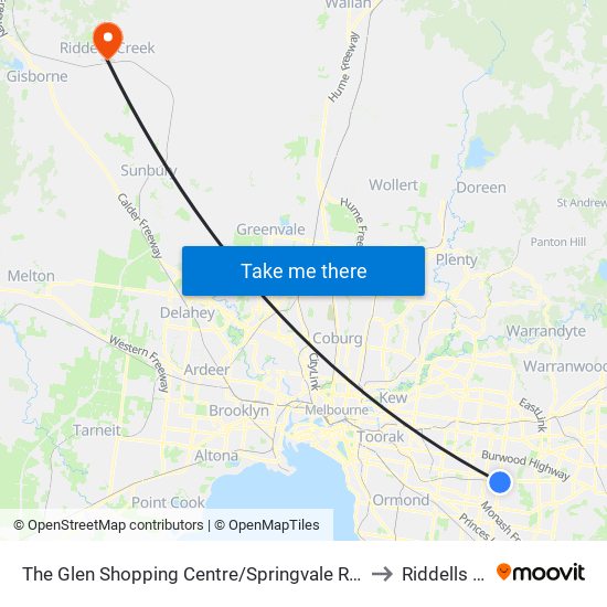 The Glen Shopping Centre/Springvale Rd (Glen Waverley) to Riddells Creek map