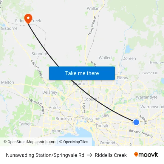 Nunawading Station/Springvale Rd to Riddells Creek map