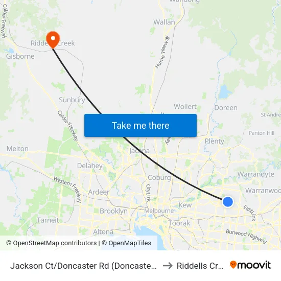 Jackson Ct/Doncaster Rd to Riddells Creek map