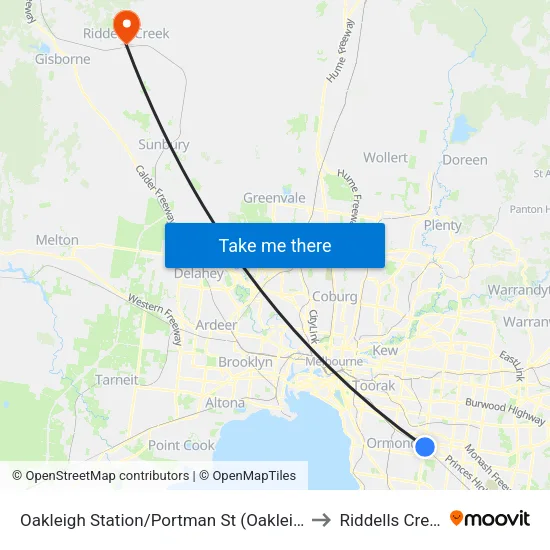 Oakleigh Station/Portman St to Riddells Creek map