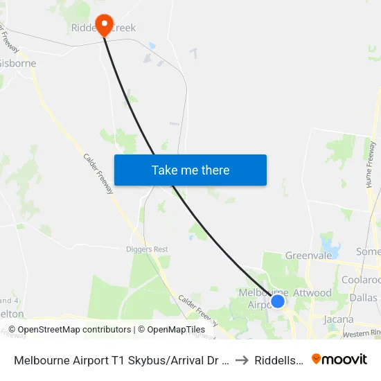 Melbourne Airport T1 Skybus/Arrival Dr to Riddells Creek map
