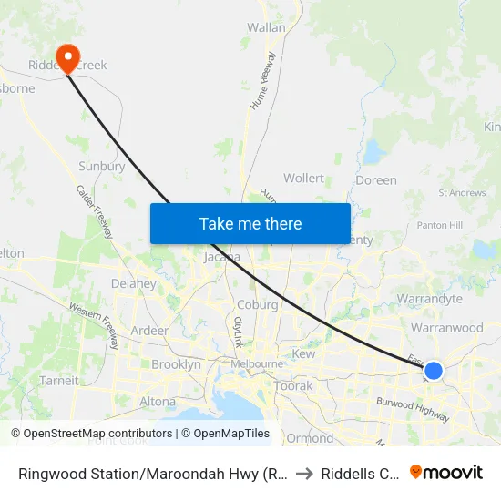 Ringwood Station/Maroondah Hwy to Riddells Creek map