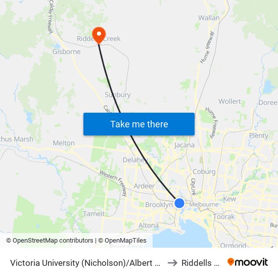 Victoria University (Nicholson)/Albert St (Footscray) to Riddells Creek map