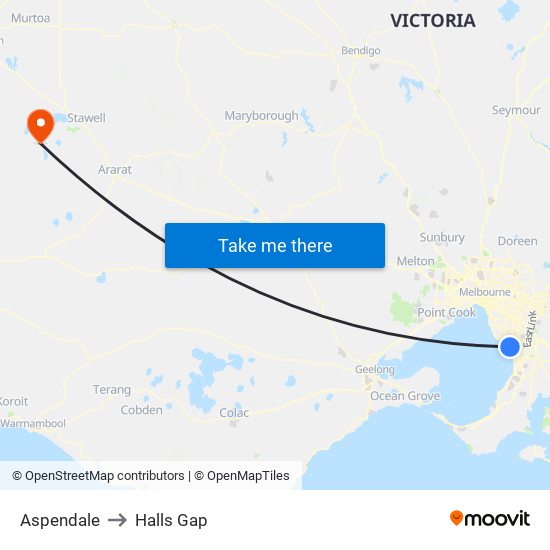 Aspendale to Halls Gap map