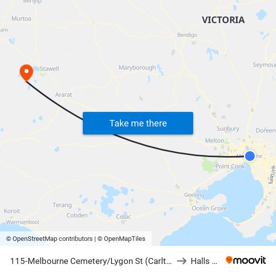 115-Melbourne Cemetery/Lygon St (Carlton North) to Halls Gap map