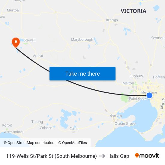 119-Wells St/Park St (South Melbourne) to Halls Gap map