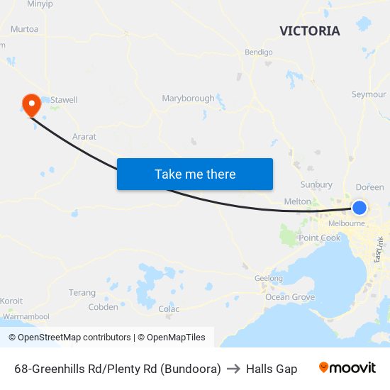 68-Greenhills Rd/Plenty Rd (Bundoora) to Halls Gap map
