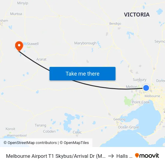 Melbourne Airport T1 Skybus/Arrival Dr to Halls Gap map