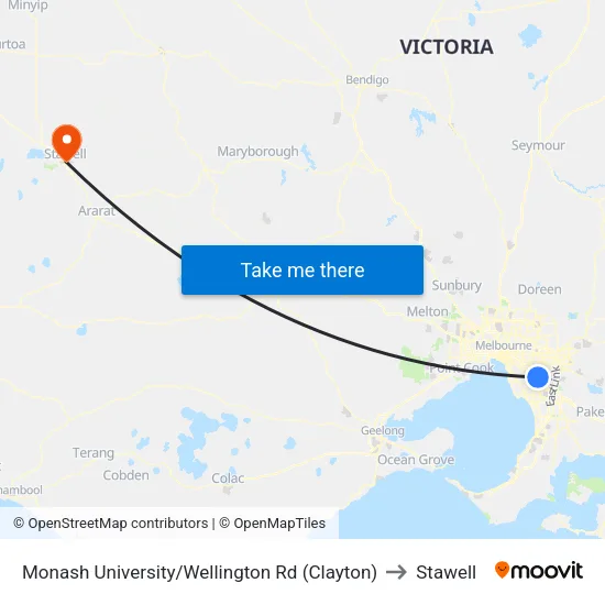 Monash University/Wellington Rd to Stawell map