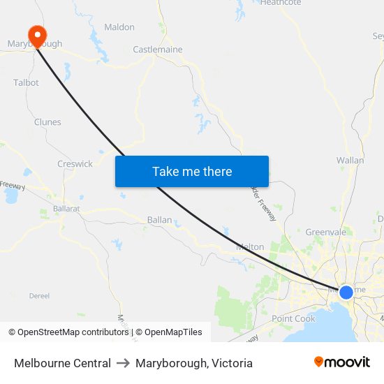 Melbourne Central to Maryborough, Victoria map