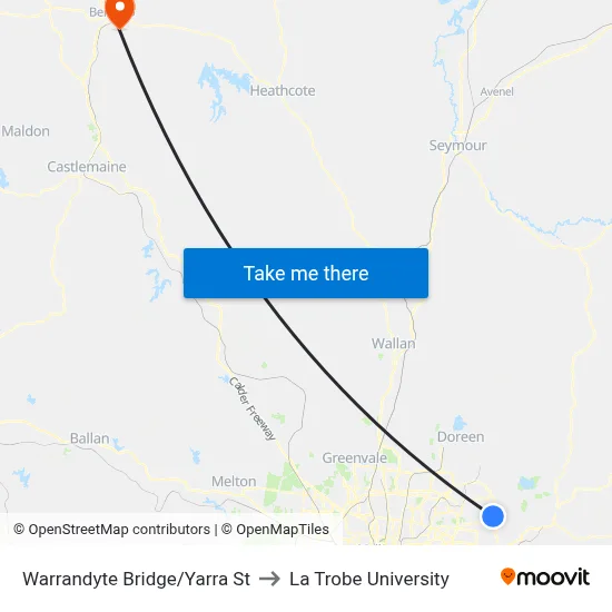Warrandyte Bridge/Yarra St to La Trobe University map