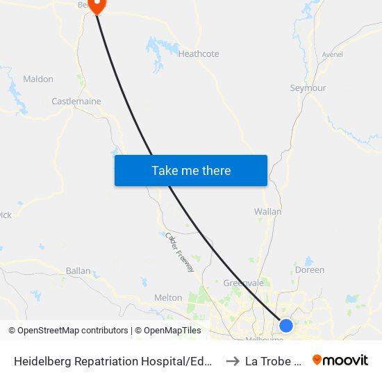 Heidelberg Repatriation Hospital/Edwin St (Heidelberg Heights) to La Trobe University map