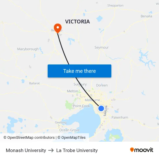 Monash University to La Trobe University map
