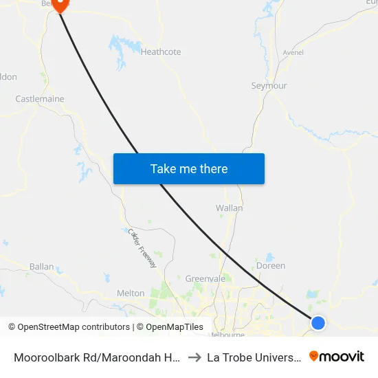 Mooroolbark Rd/Maroondah Hwy to La Trobe University map