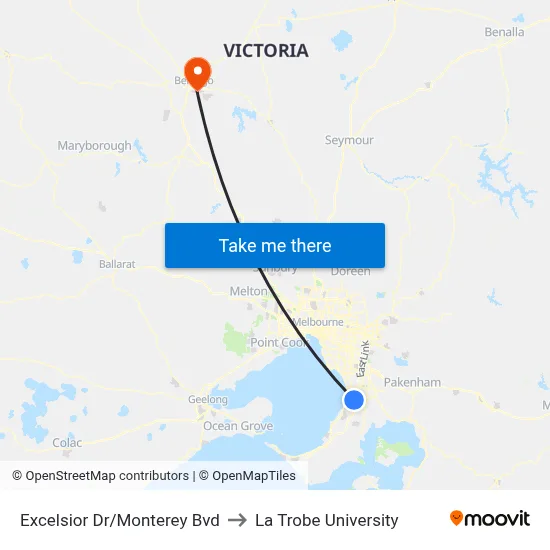 Excelsior Dr/Monterey Bvd to La Trobe University map