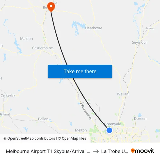Melbourne Airport T1 Skybus/Arrival Dr to La Trobe University map