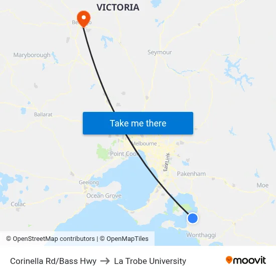 Corinella Rd/Bass Hwy to La Trobe University map