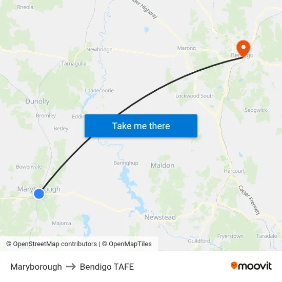 Maryborough to Bendigo TAFE map