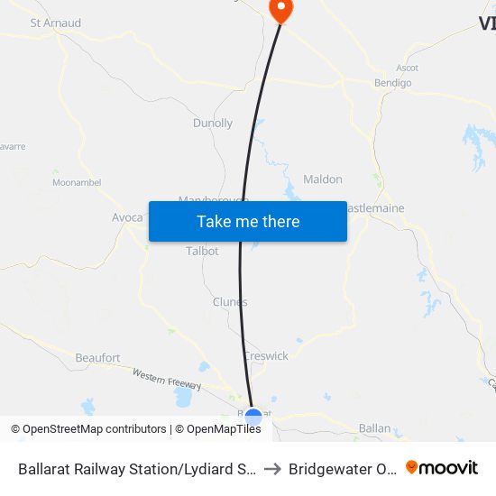 Ballarat Railway Station/Lydiard St (Ballarat Central) to Bridgewater On Loddon map