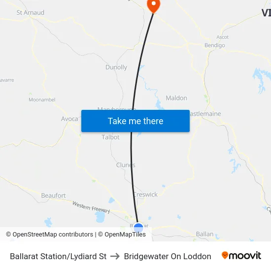 Ballarat Station/Lydiard St to Bridgewater On Loddon map