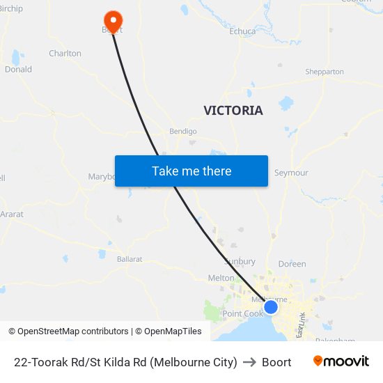 22-Toorak Rd/St Kilda Rd (Melbourne City) to Boort map