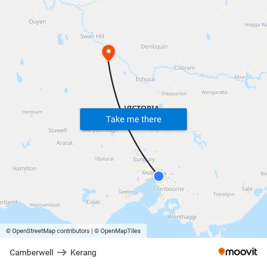 Camberwell to Kerang map