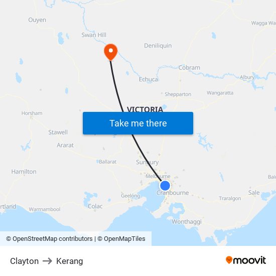 Clayton to Kerang map