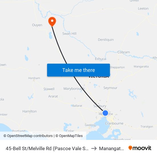 45-Bell St/Melville Rd (Pascoe Vale South) to Manangatang map