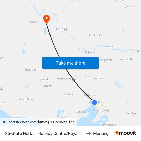 25-State Netball Hockey Centre/Royal Park (Parkville) to Manangatang map