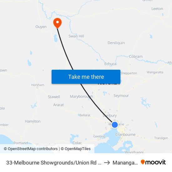 33-Melbourne Showgrounds/Union Rd (Ascot Vale) to Manangatang map