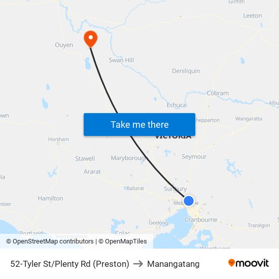 52-Tyler St/Plenty Rd (Preston) to Manangatang map