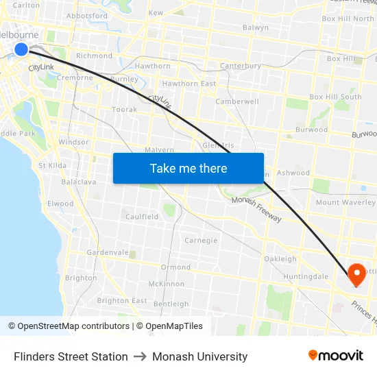 Flinders Street Station to Monash University map