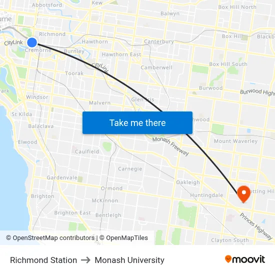 Richmond Station to Monash University map