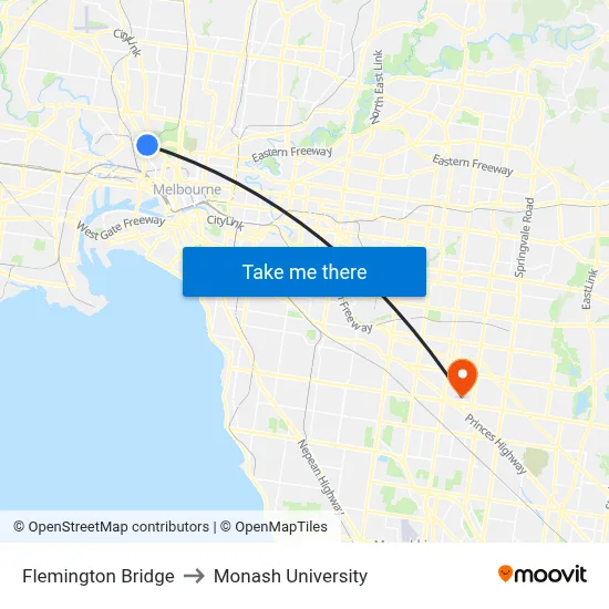 Flemington Bridge to Monash University map