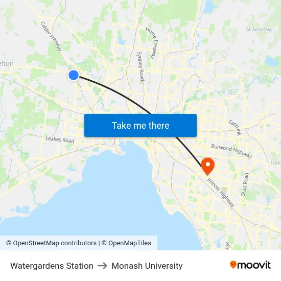 Watergardens Station to Monash University map