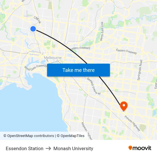 Essendon Station to Monash University map