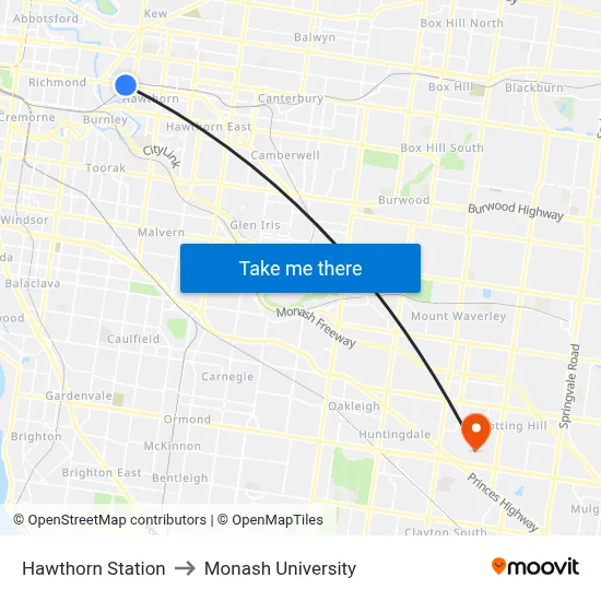 Hawthorn Station to Monash University map