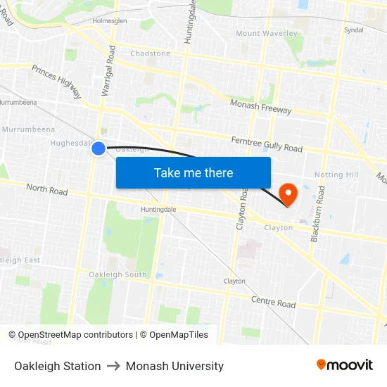 Oakleigh Station to Monash University map