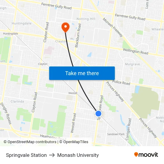 Springvale Station to Monash University map