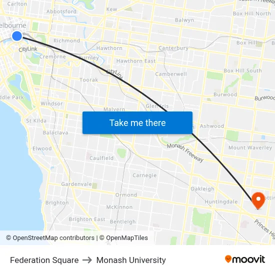 Federation Square to Monash University map
