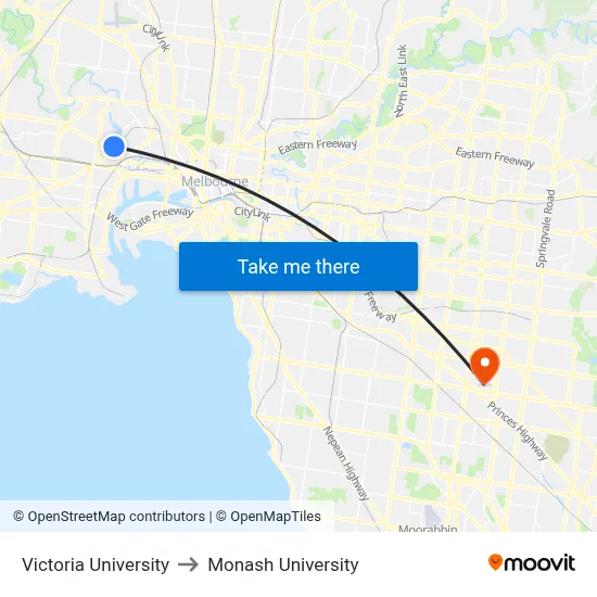 Victoria University to Monash University map