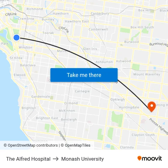 The Alfred Hospital to Monash University map