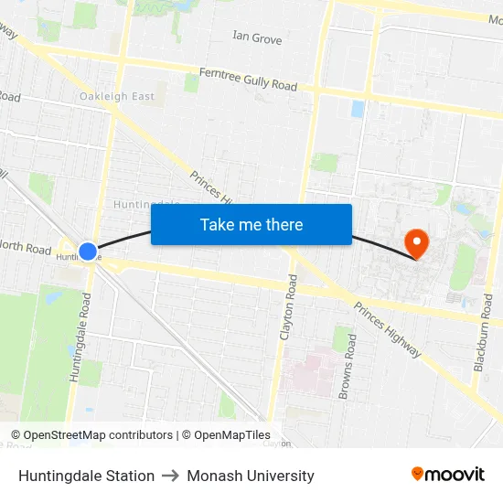 Huntingdale Station to Monash University map